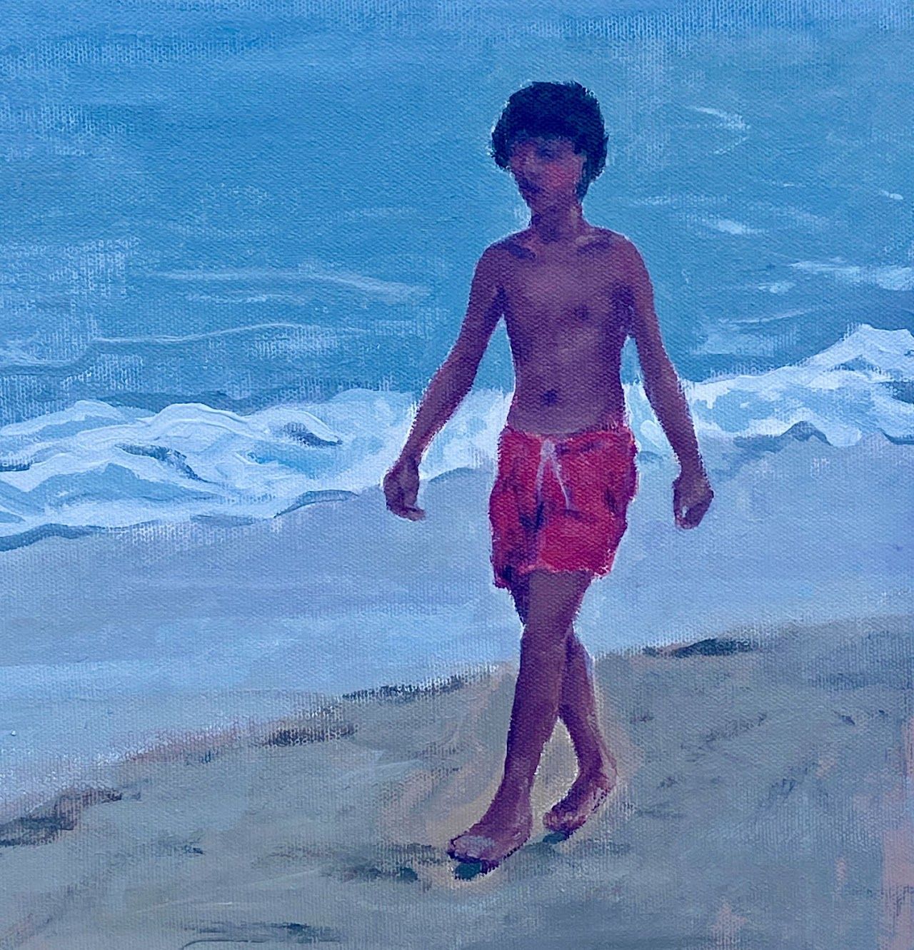 Painting of a boy walking by the shore.