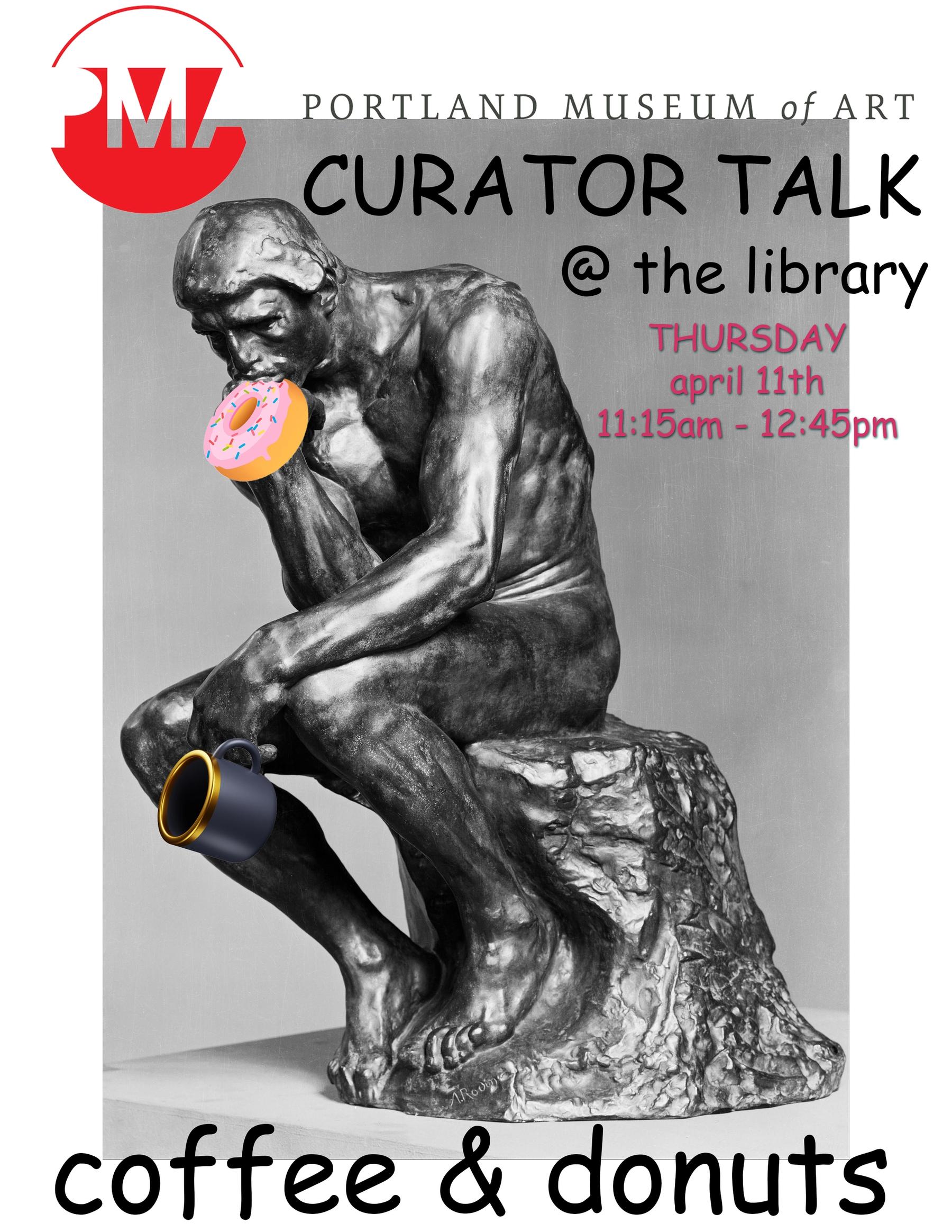Flyer for PMA Curator Talk at the Library with Coffee and Donuts.