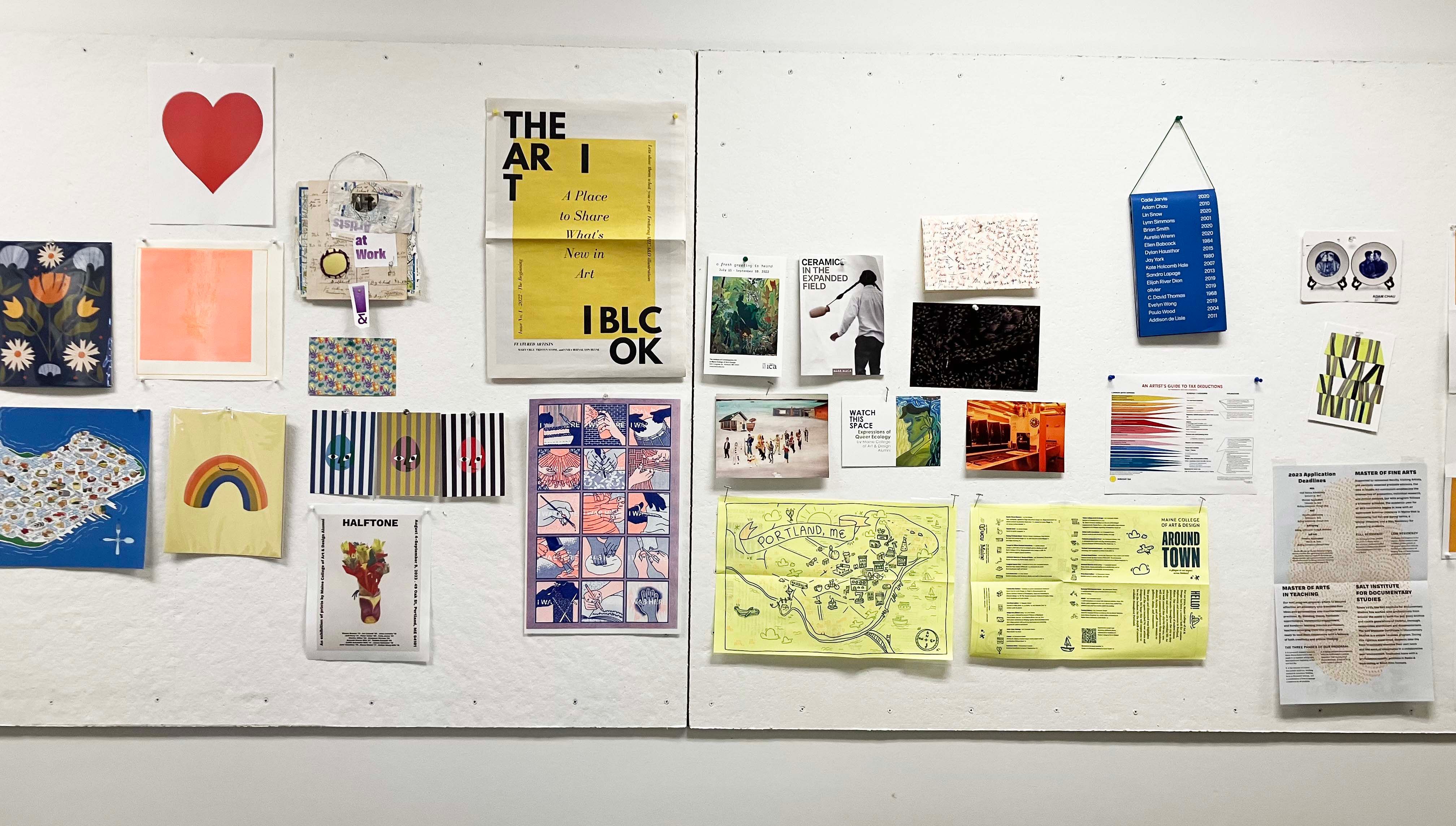 Bulletin board full of materials about artist events.