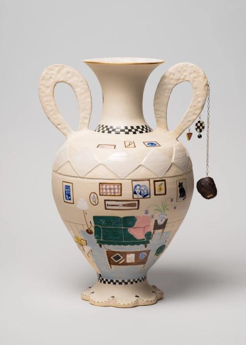A greek-inspired ceramic vase with a depiction of a Livingroom.