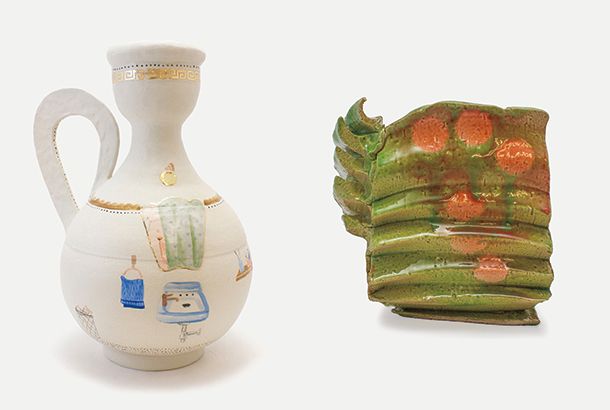 Two ceramic pieces. The left is white painted with a bathroom scene. The right is a vibrant green with orange dots.