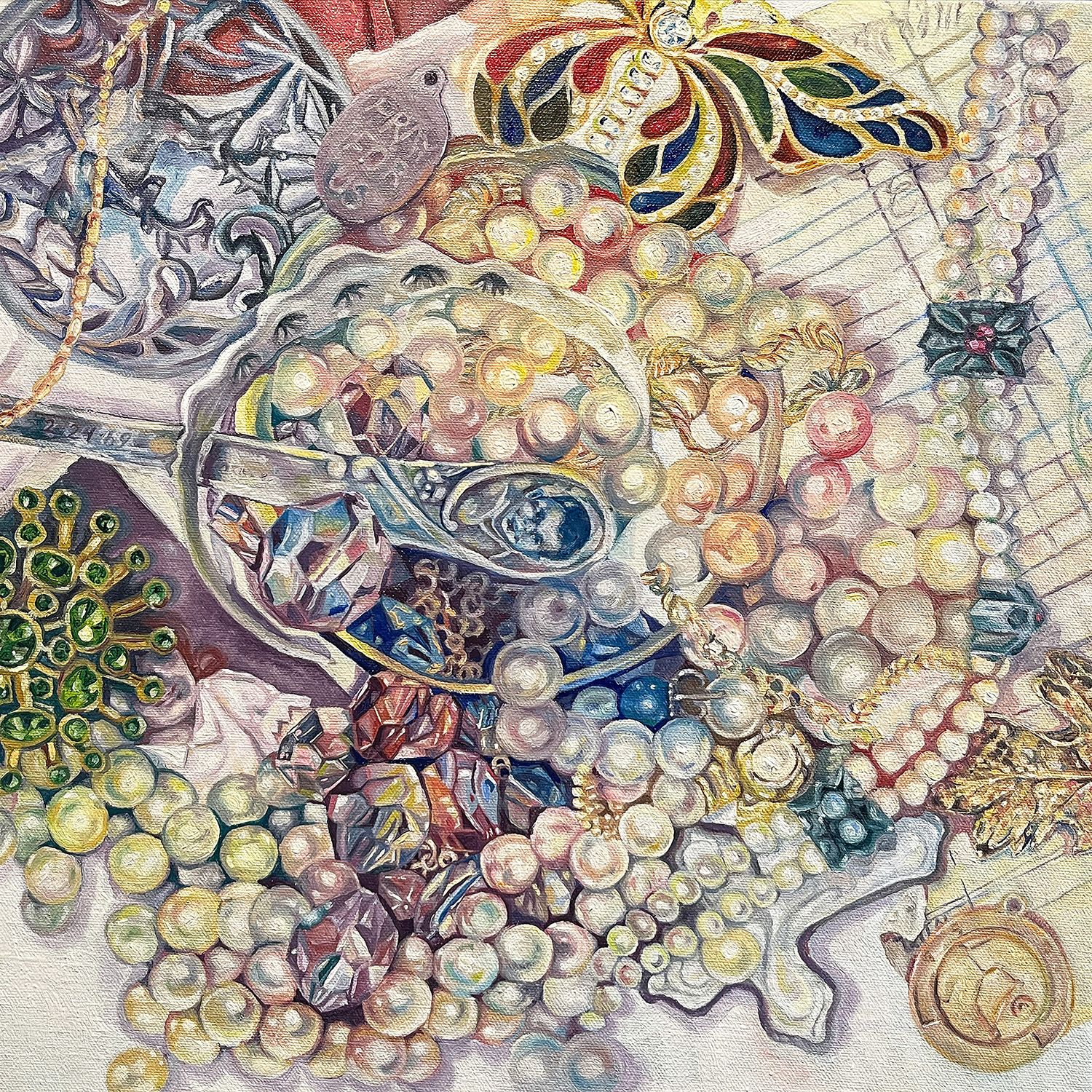 Realistic oil painting of a pile of glimmering jewelry with pearls.