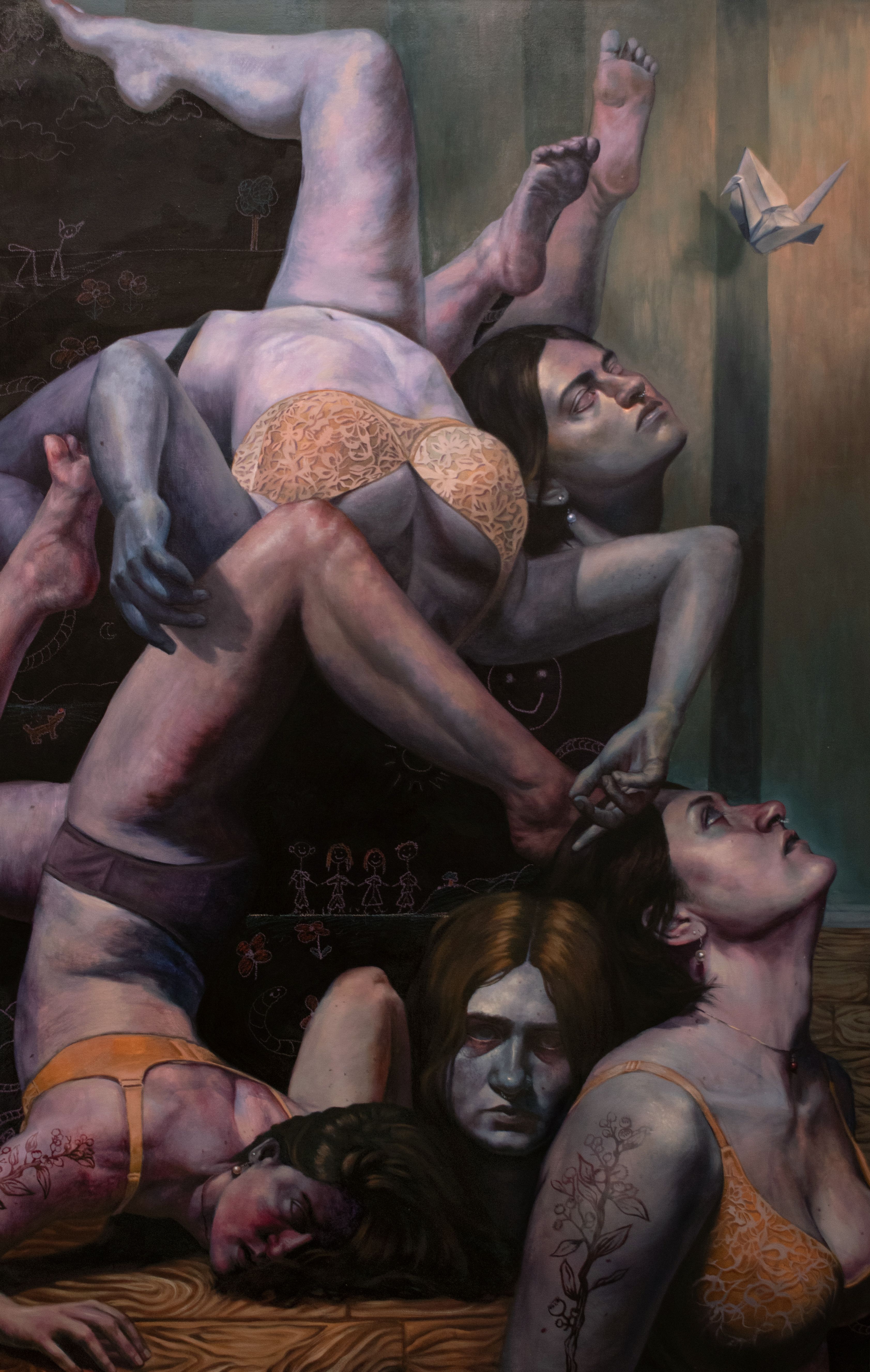 An oil painting of contorted bodies wearing only underwear piling on one another