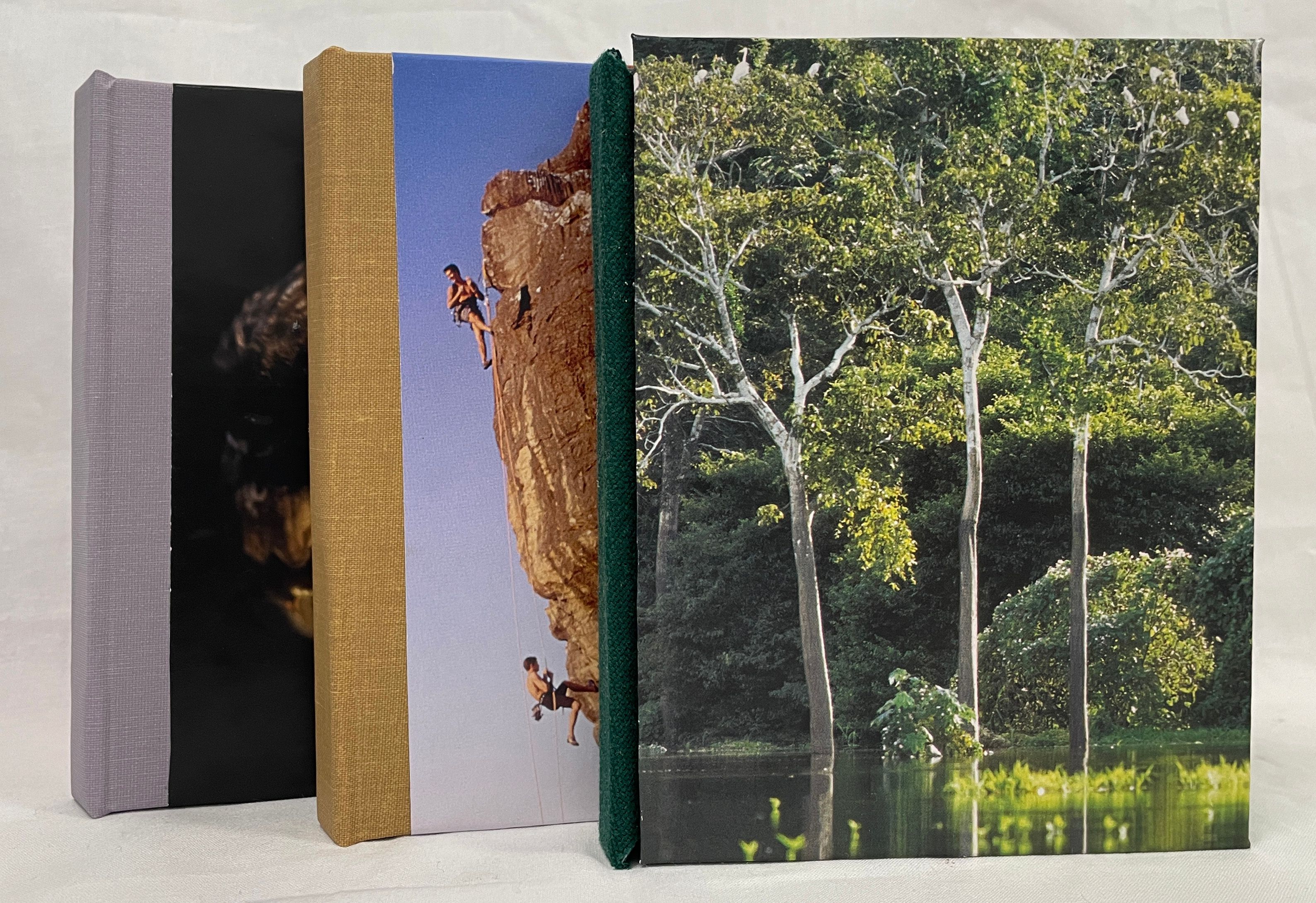 Three hardcover books with nature scenes.
