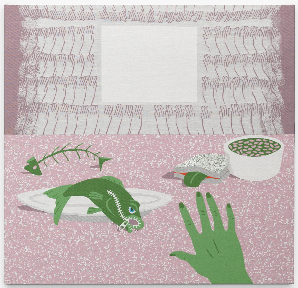 A painting of a green hand reaching towards a green fish with a zippered mouth against a speckled pink table and a pink wall patterned with white hands.