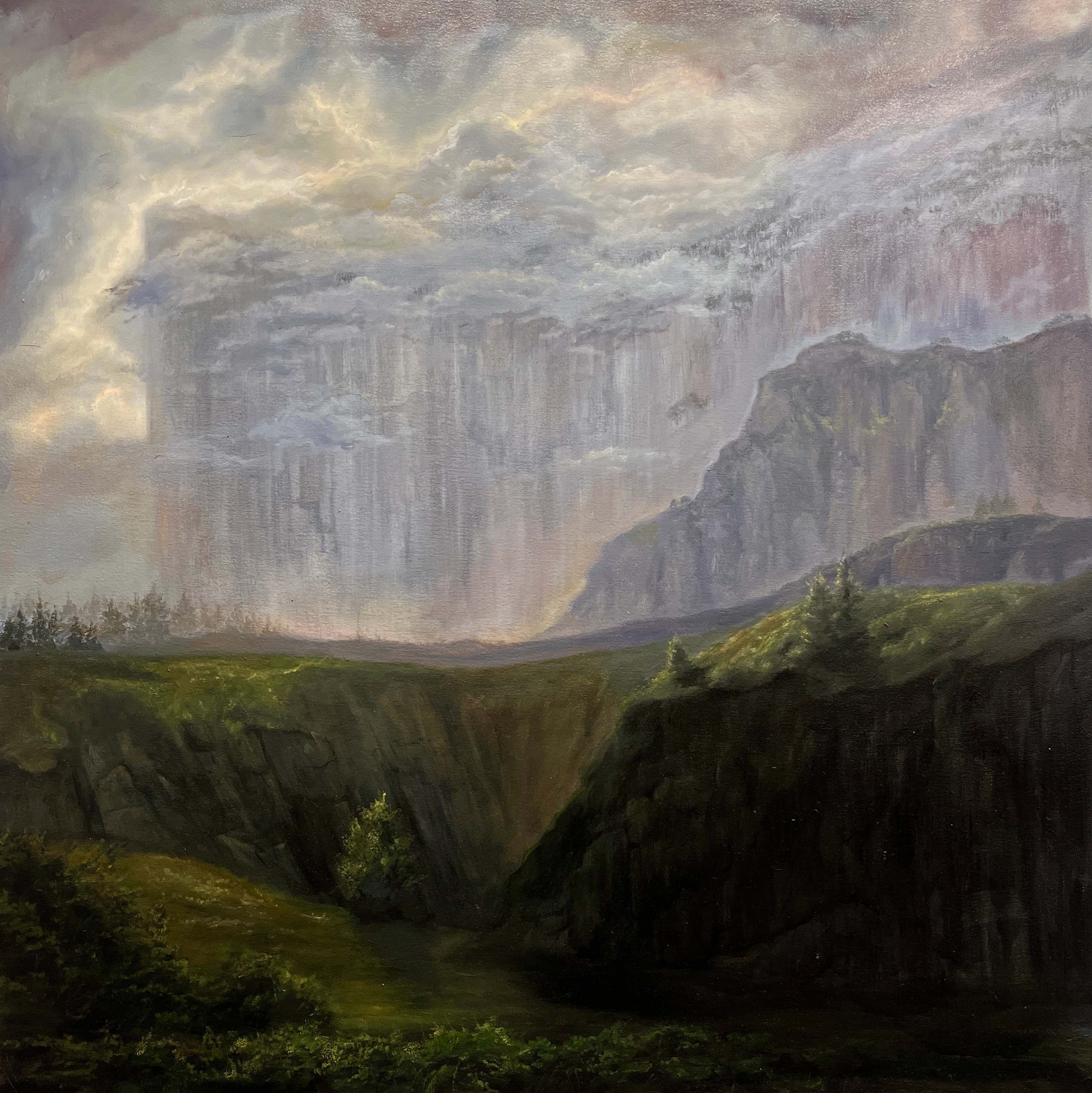A landscape painting of steep grey mountains and lush green valleys.