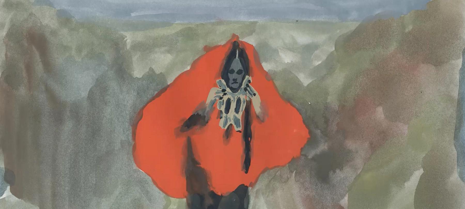 Video still painting of a person holding a animal mask by Allison Schulnik.