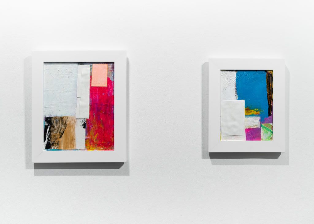 Two white-framed collages. The left is white, brown, and magenta. The right is white, blue, green, and purple.