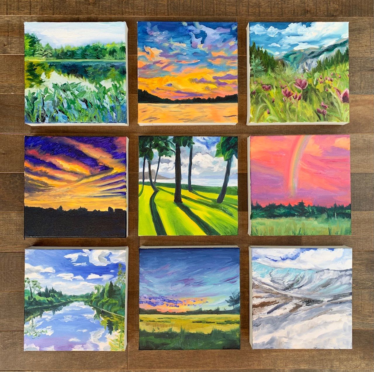 A grid of nine small landscape paintings.