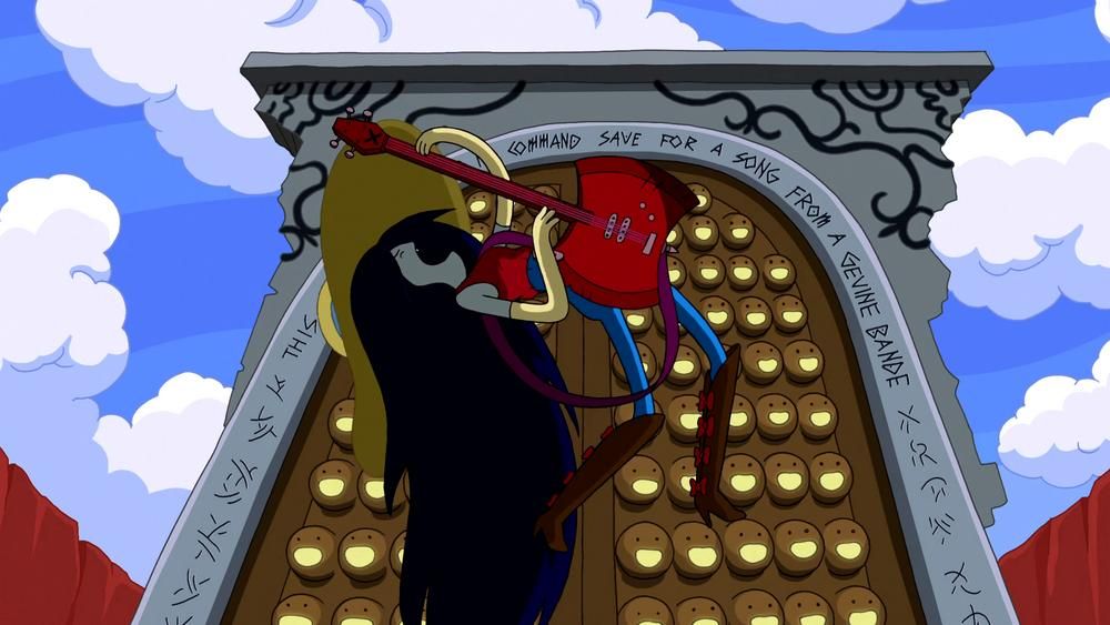An animated vampire singing in front of a large door