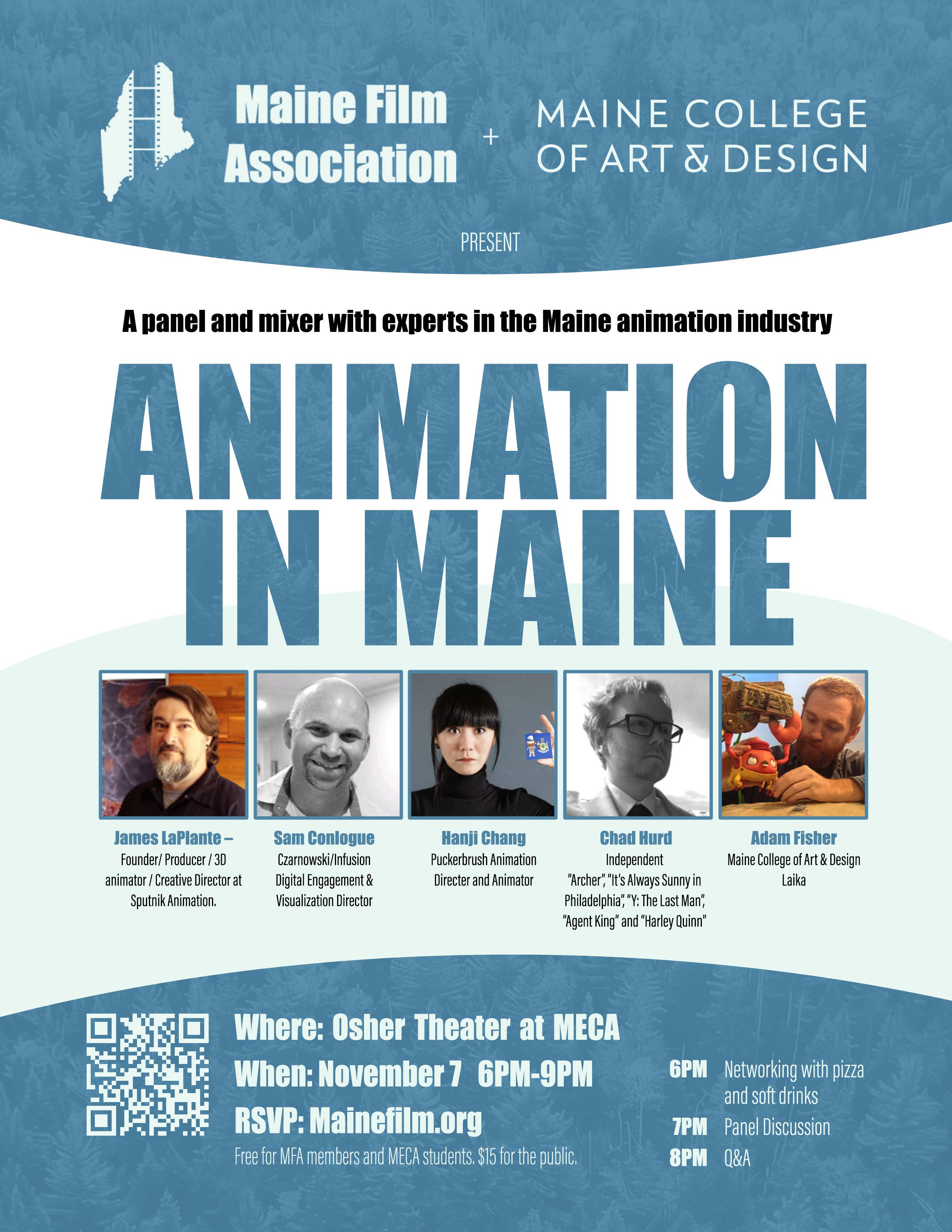 Flyer for Animation in Maine with photos of panel members.