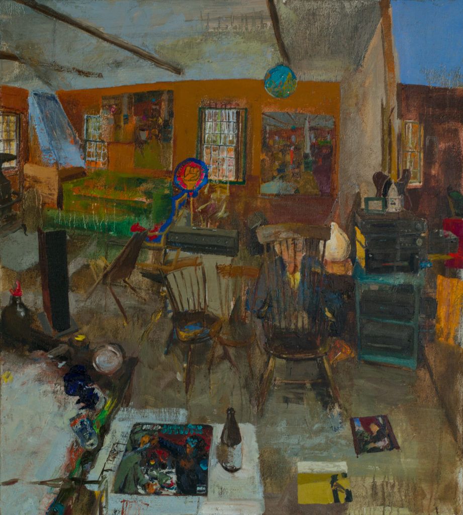 Painting of a messy workspace with orange walls. A figure squats facing a chair.
