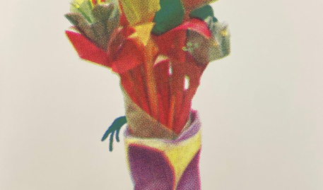 CMYK halftone screenprint of a bouquet of flowers.