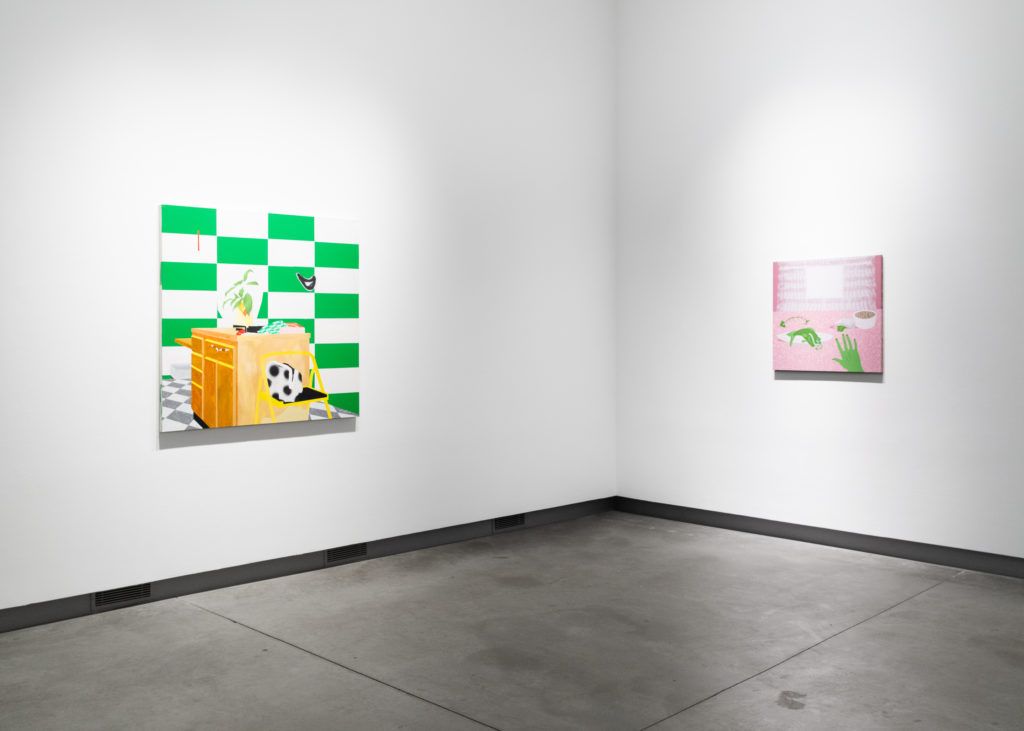 Gallery view of two paintings. The left depicts a cabinet against a green checkered background. The right depicts a green hand upon a pink table against a pink wall.