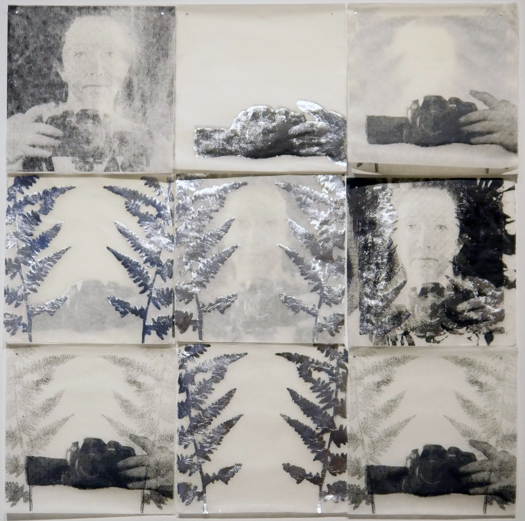 A grid of nine silkscreen prints of imagery including a camera, a woman, and ferns.