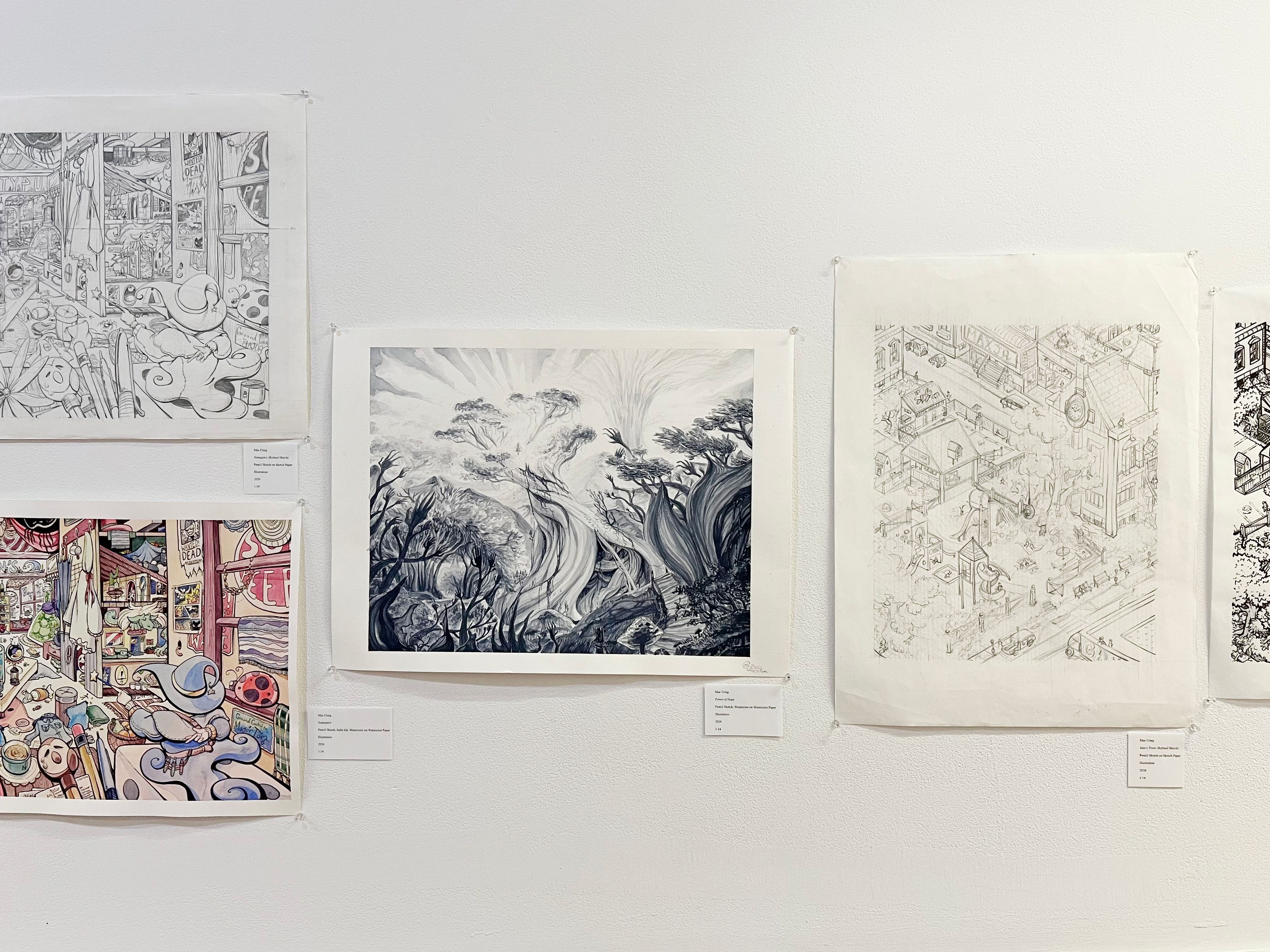 An installation of illustrations, one depicts a growing forest, one a room, another an isometric cityscape.