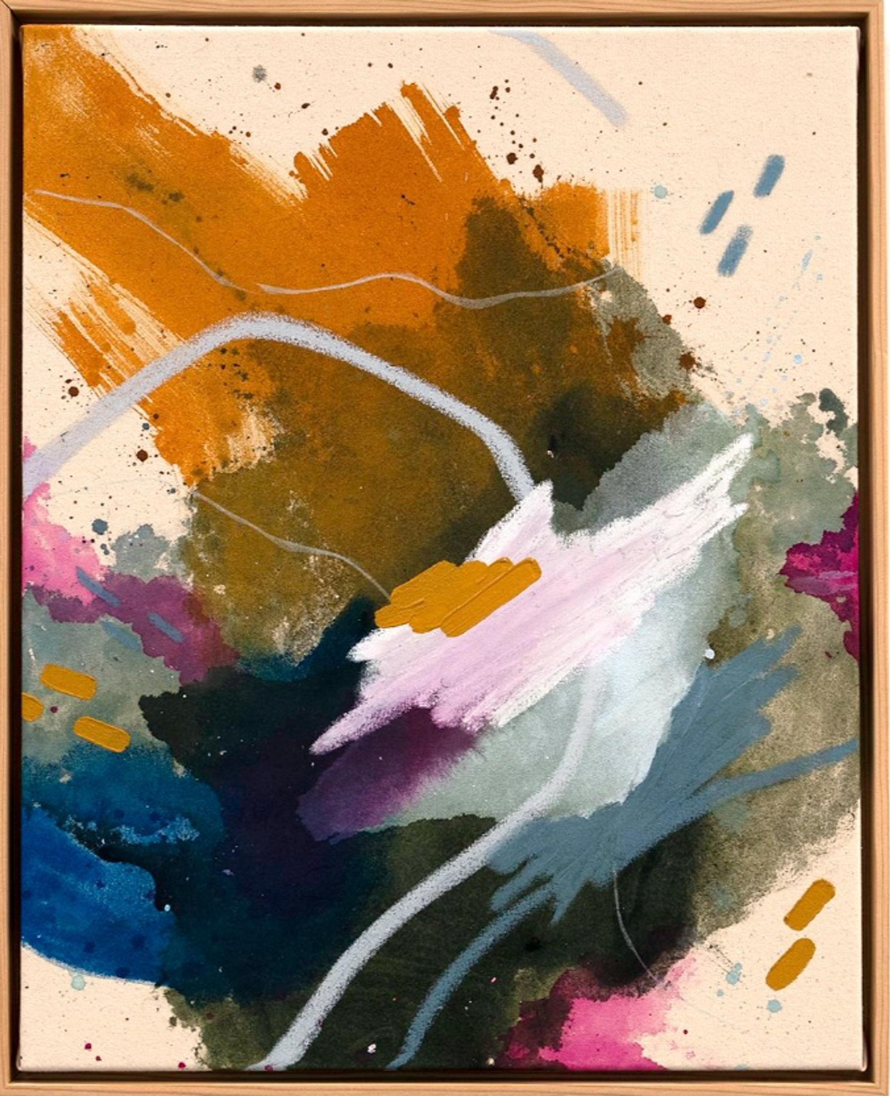 An abstract painting with large orange, purple, dark blue, and green brushstrokes.