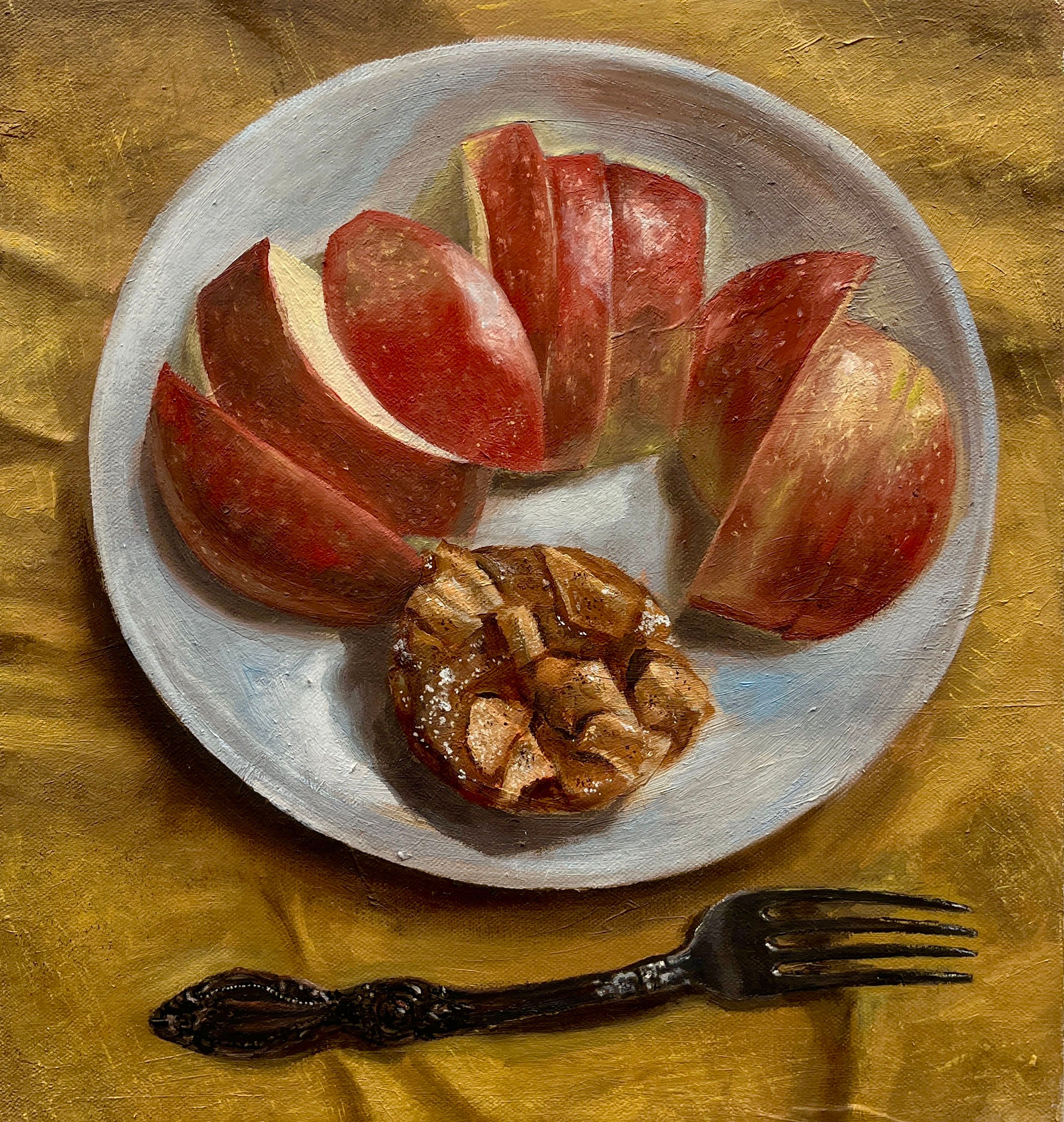 A painting of a white plate with warm apples and an apple pastry on a yellow tablecloth.