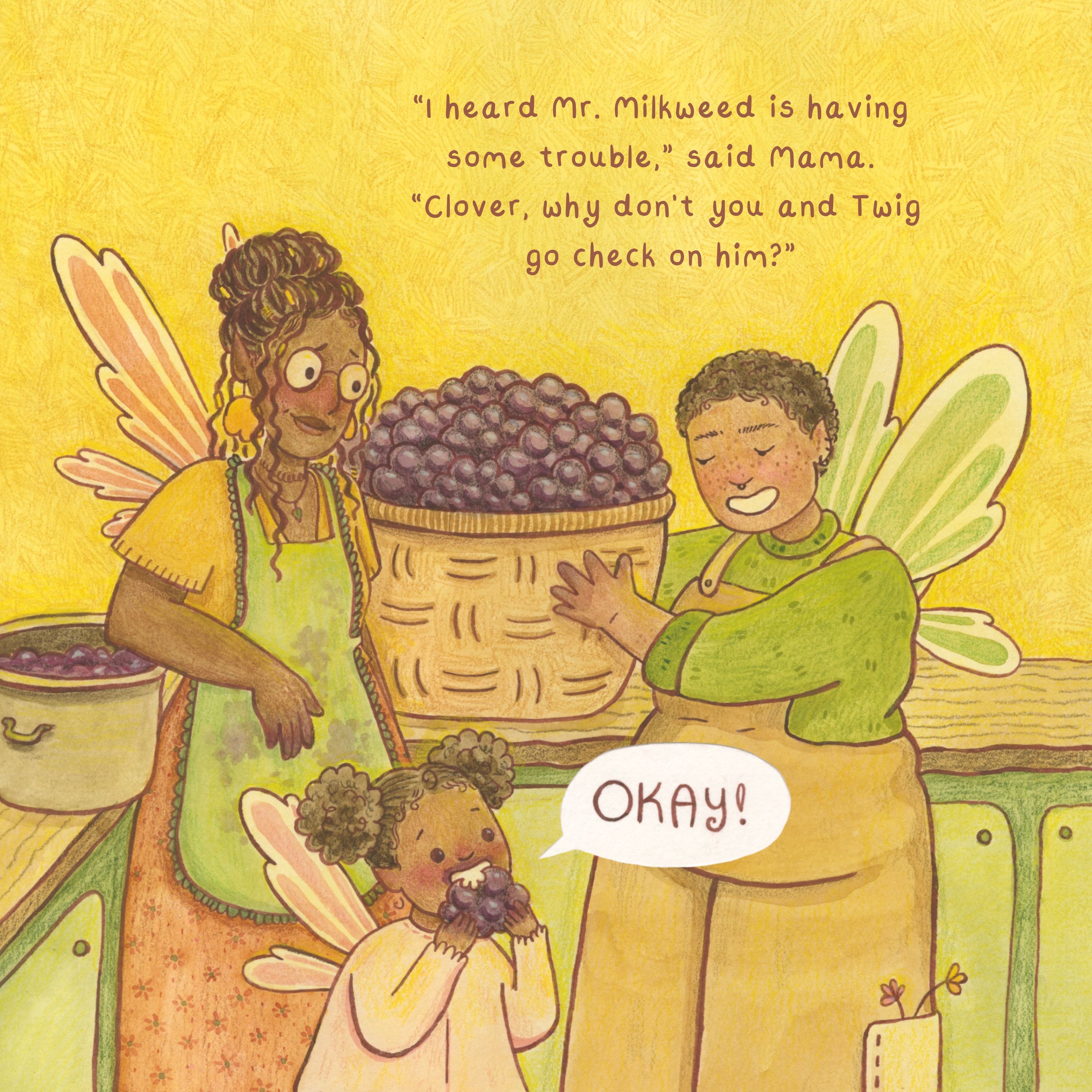 Picture book illustration of a family of fairies eating berries.