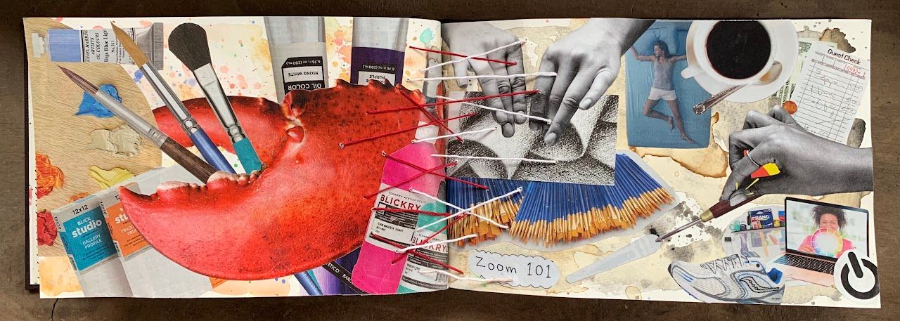 Sewn sketchbook with collages.