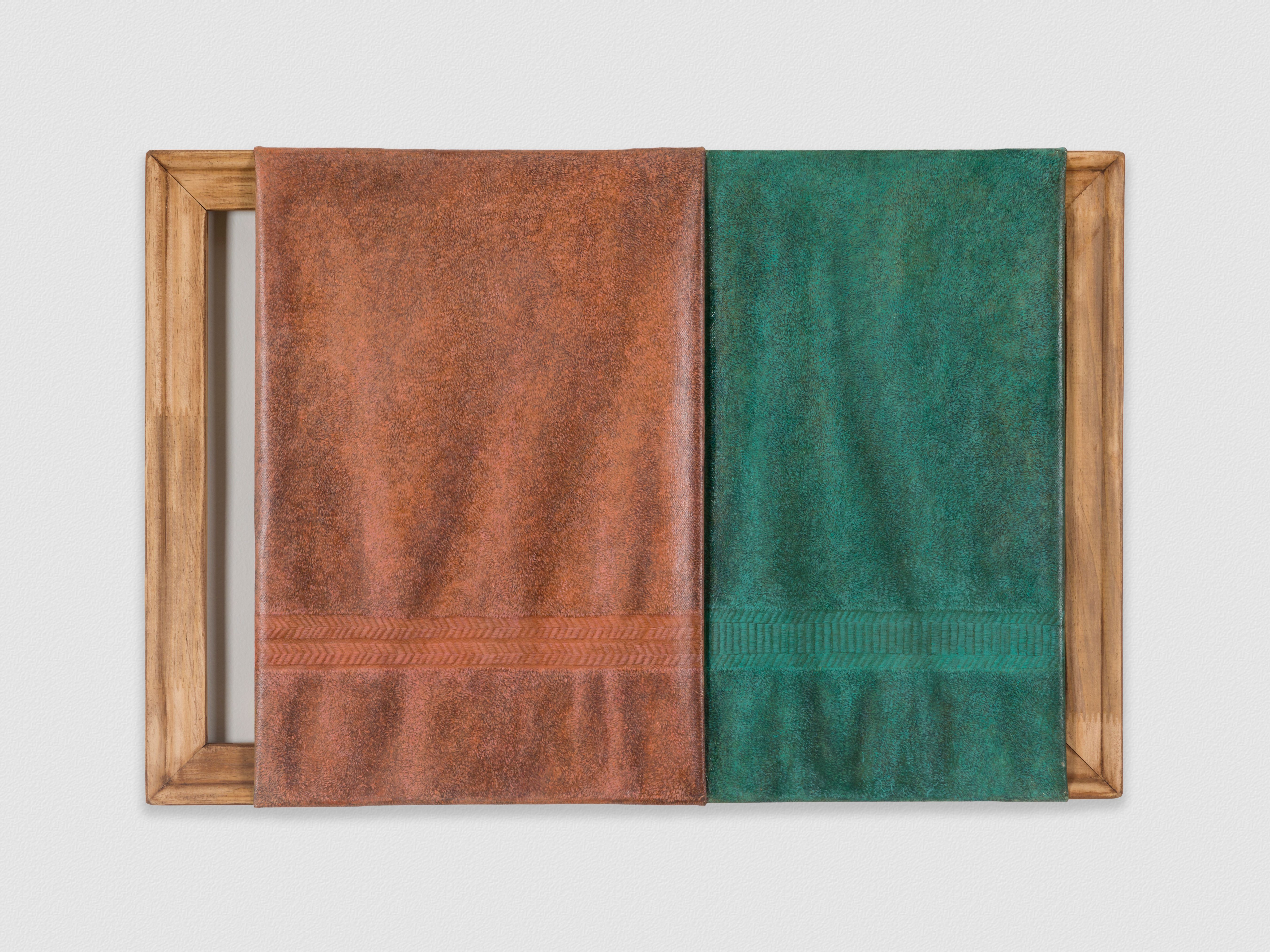 Painting of two towels, one orange and one teal, wrapped over a wooden frame.