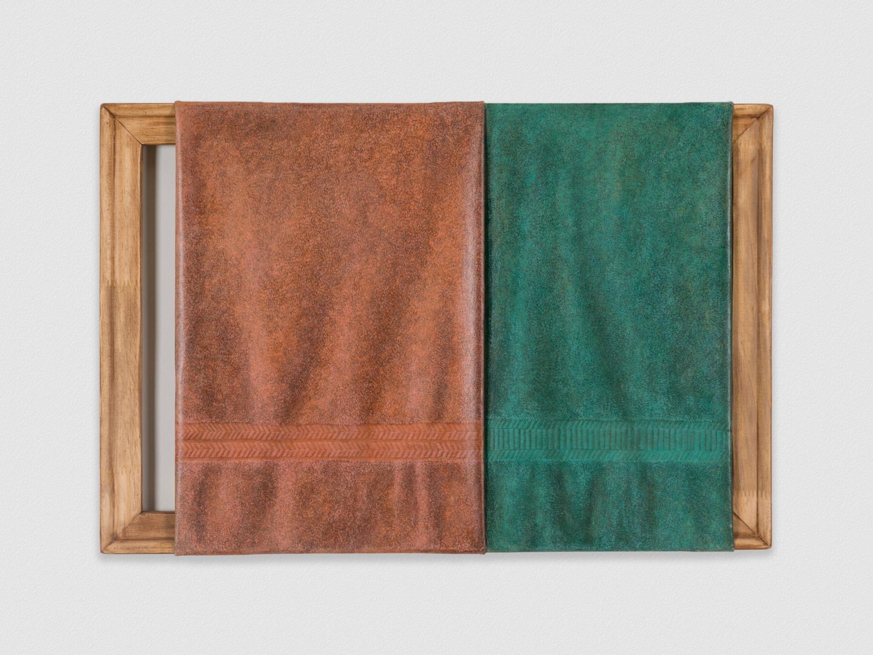 Painting of two towels, one orange and one teal, wrapped over a wooden frame.