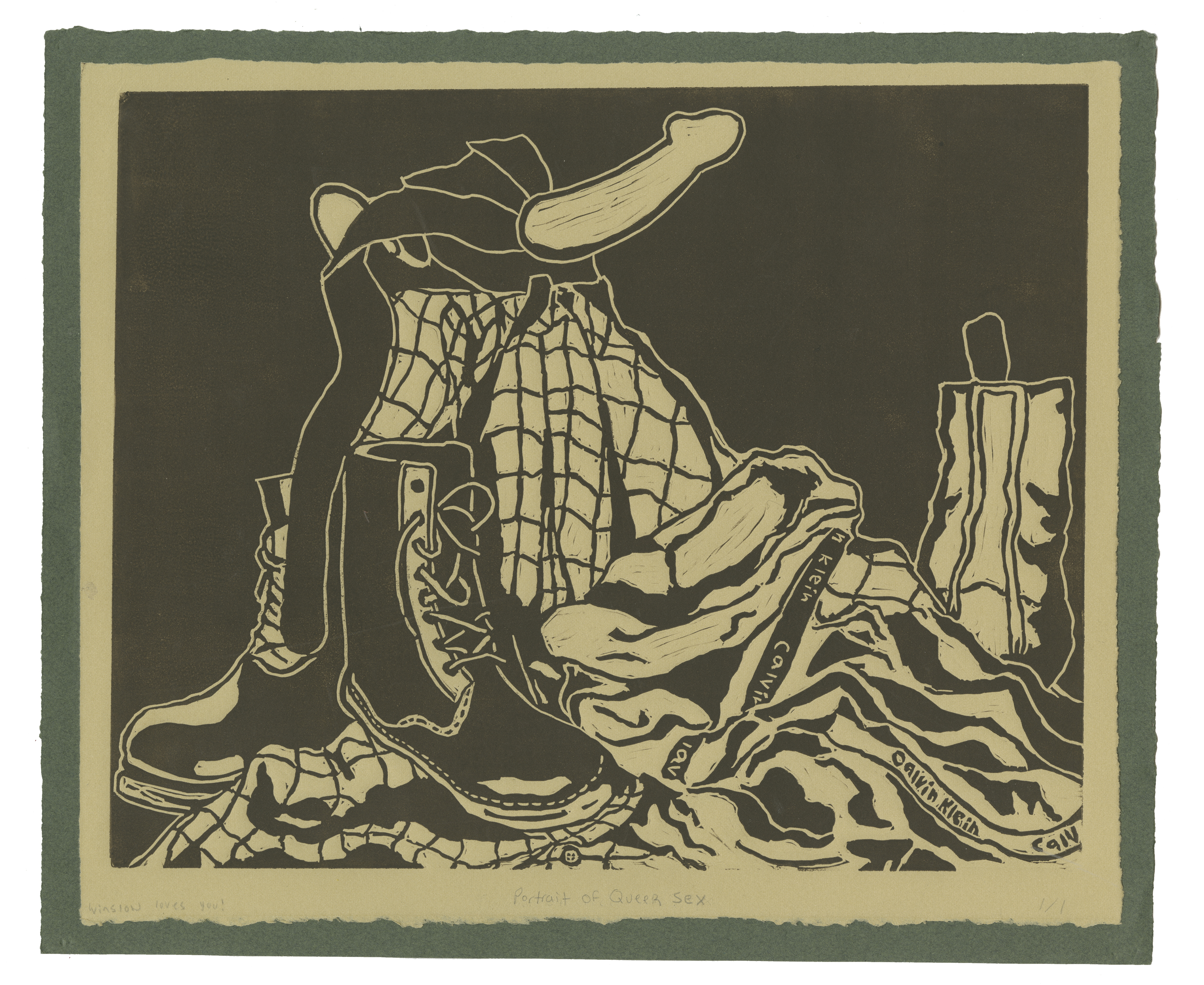 A relief print depicting a pile of flannel, Docs, Calvin Klein underwear, and a strap-on dildo.
