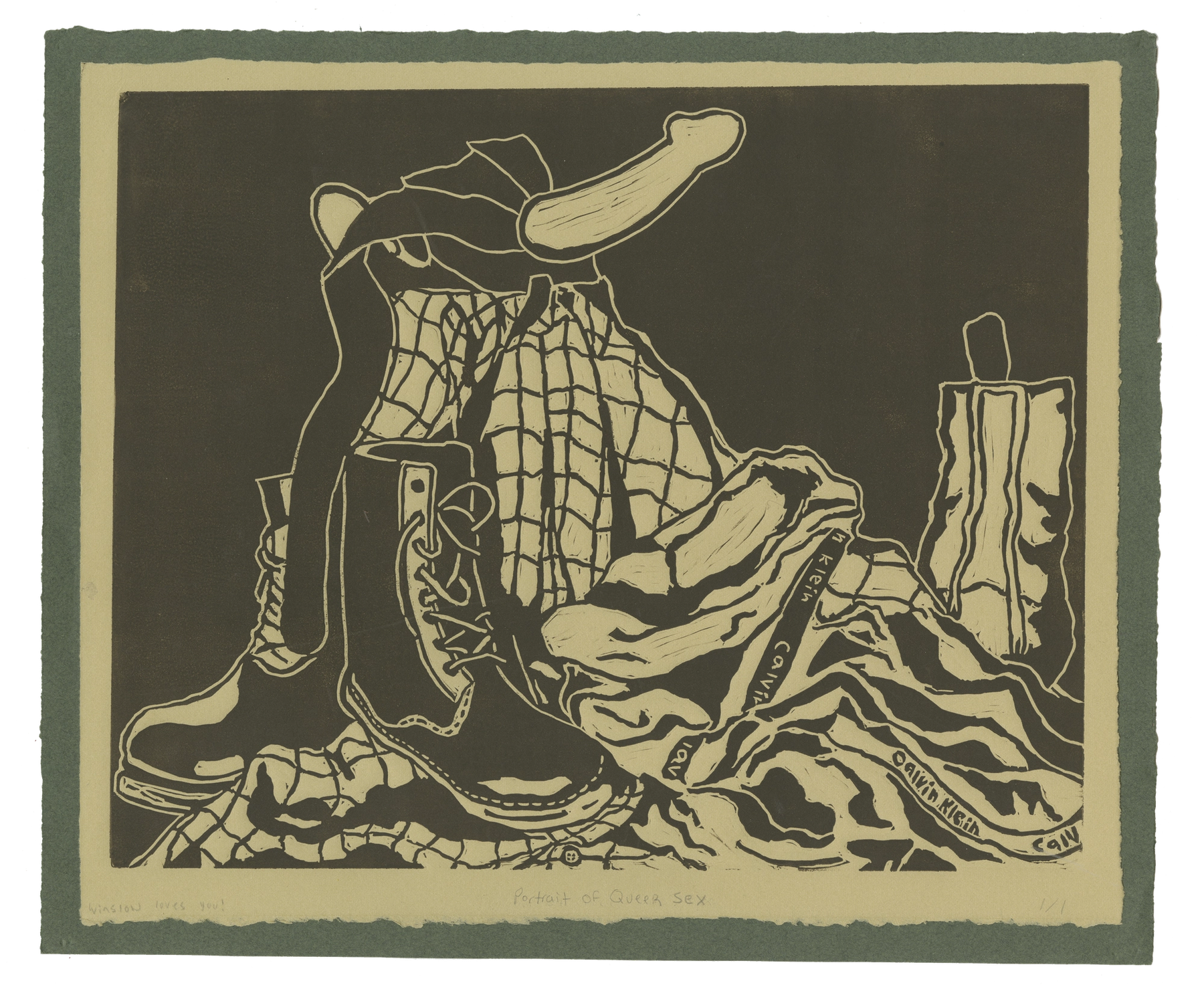 A relief print depicting a pile of flannel, Docs, Calvin Klein underwear, and a strap-on dildo.