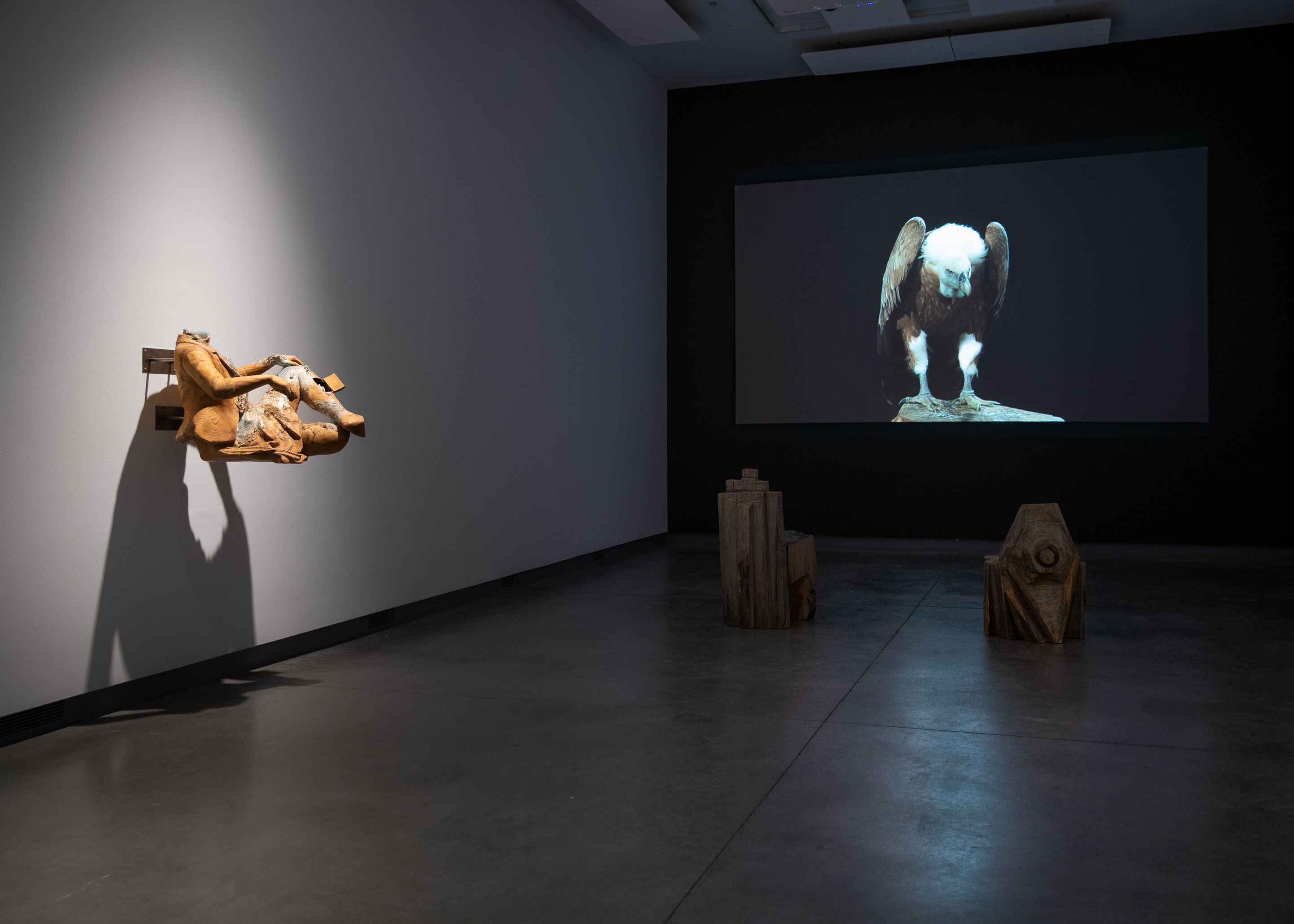 Installation view of a carved wooden figure suspended on a wall, a projection of an eagle, and two wooden chairs.