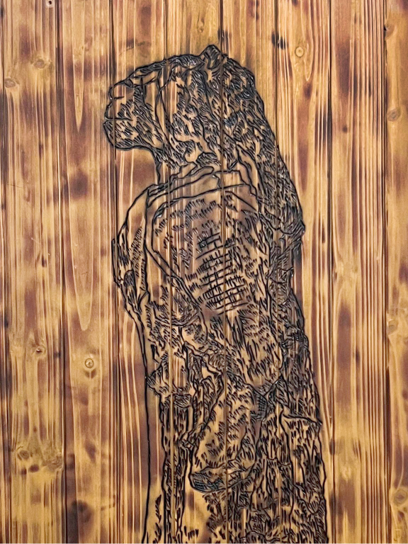 An image of a leopard burned into wood.