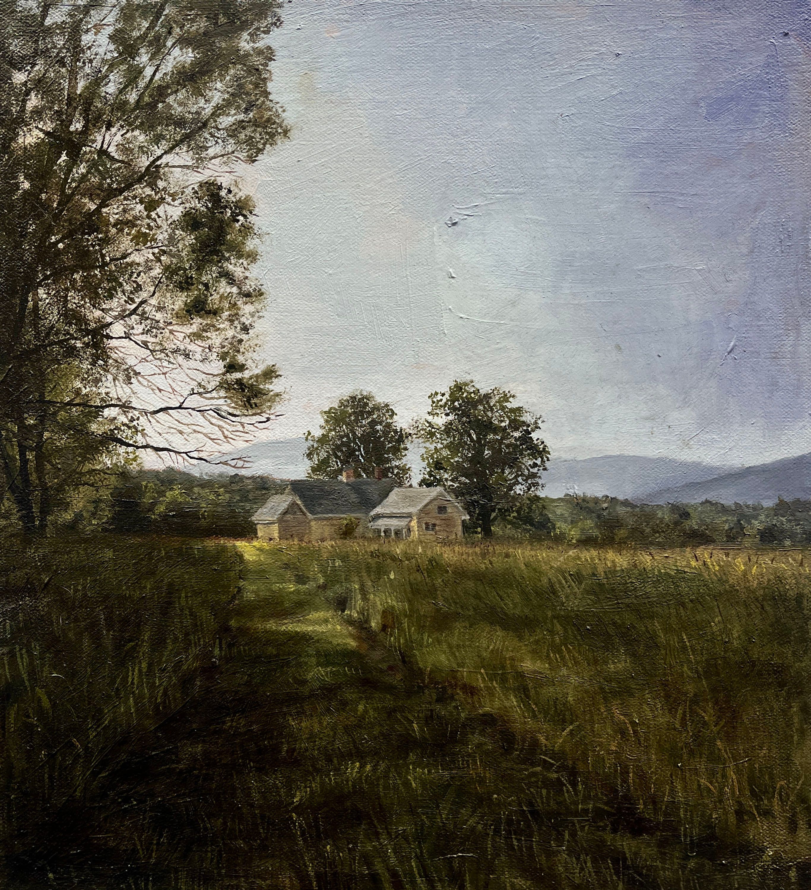 A serene landscape painting of a house in a field.