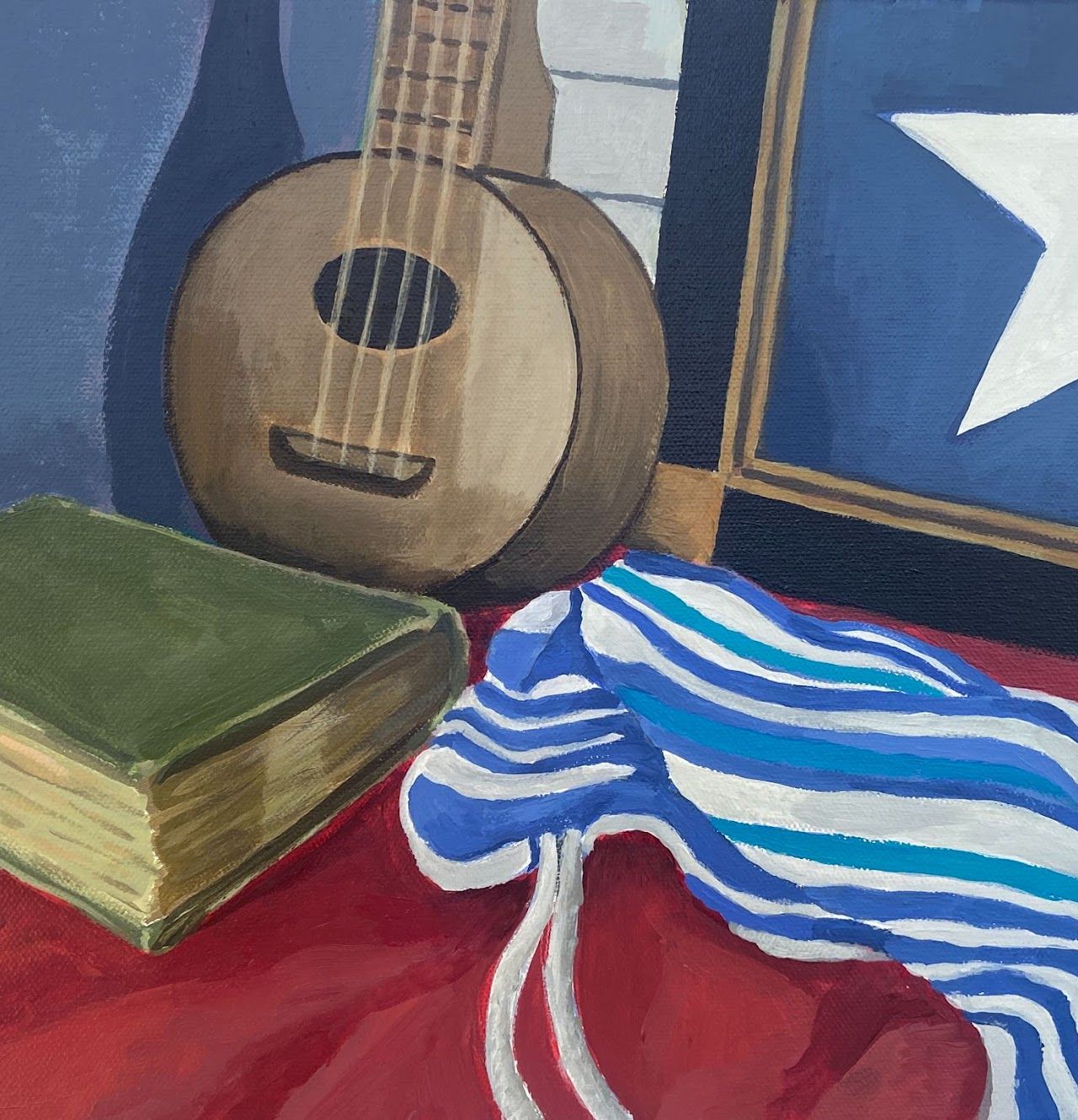 Still life painting of a banjo and a book.