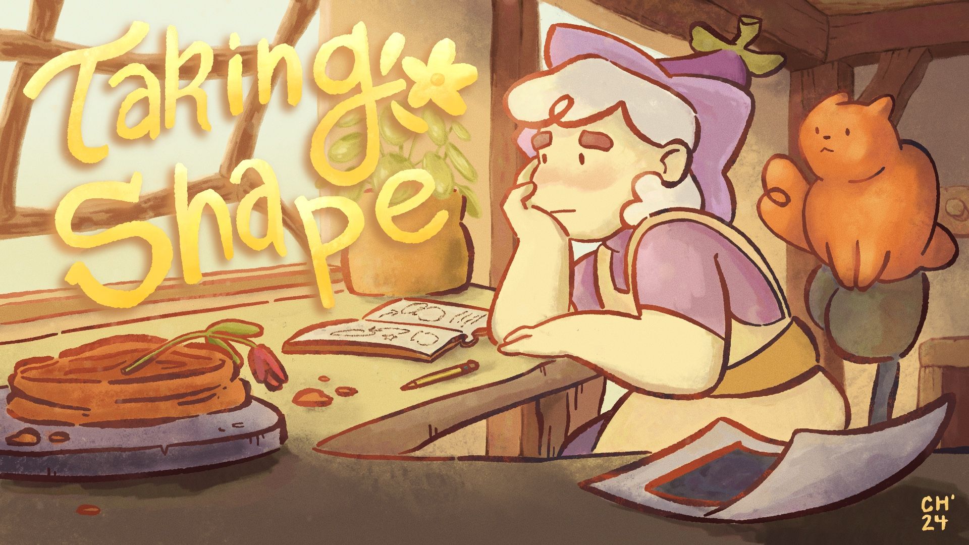 Taking Shape Title Card with a digital illustration of an artist at their desk looking at a broken pot.