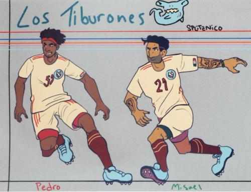 Illustrated character study of two soccer players.