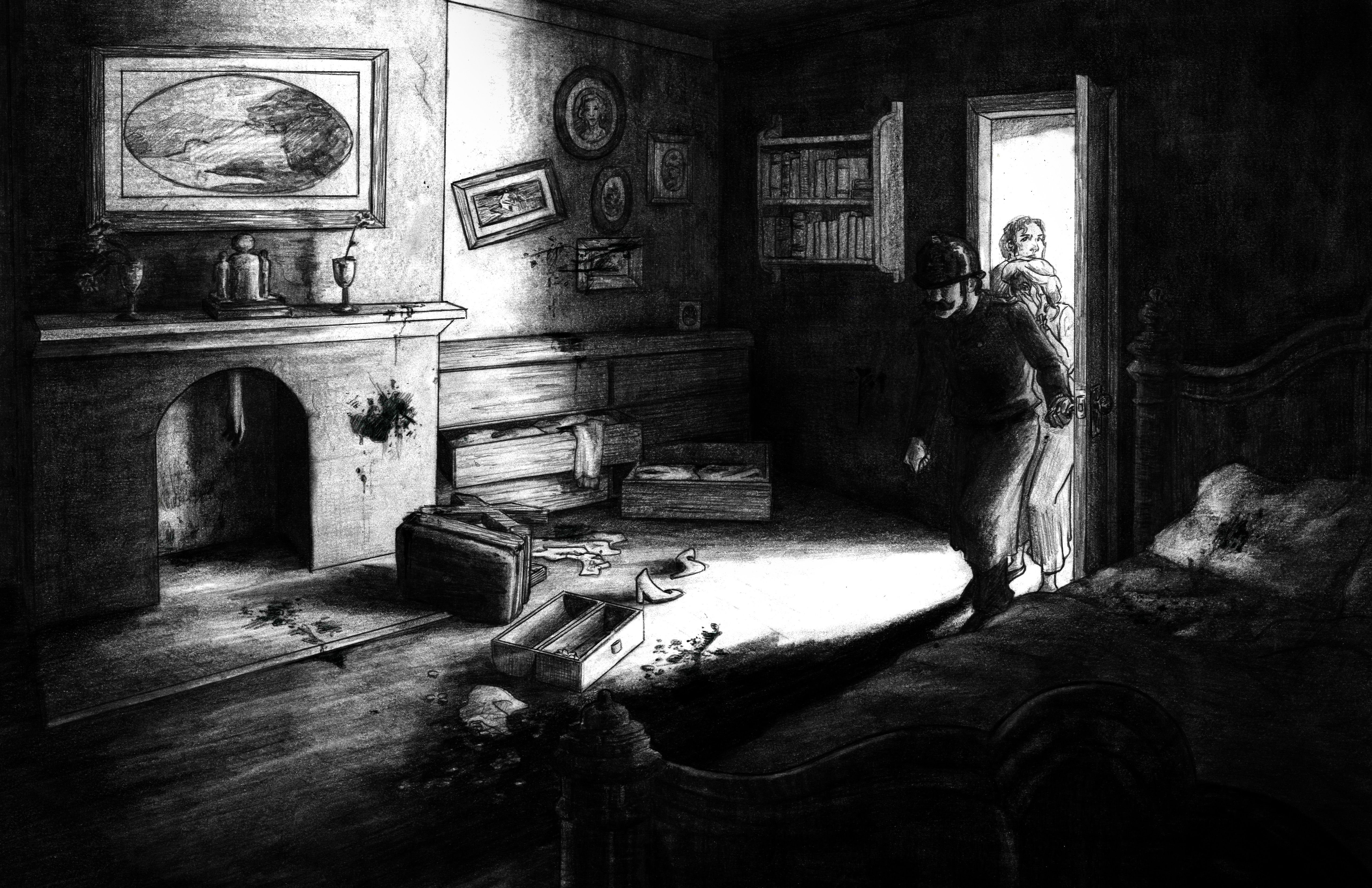A graphite illustration of a policeman breaking into a dark room in disarray.