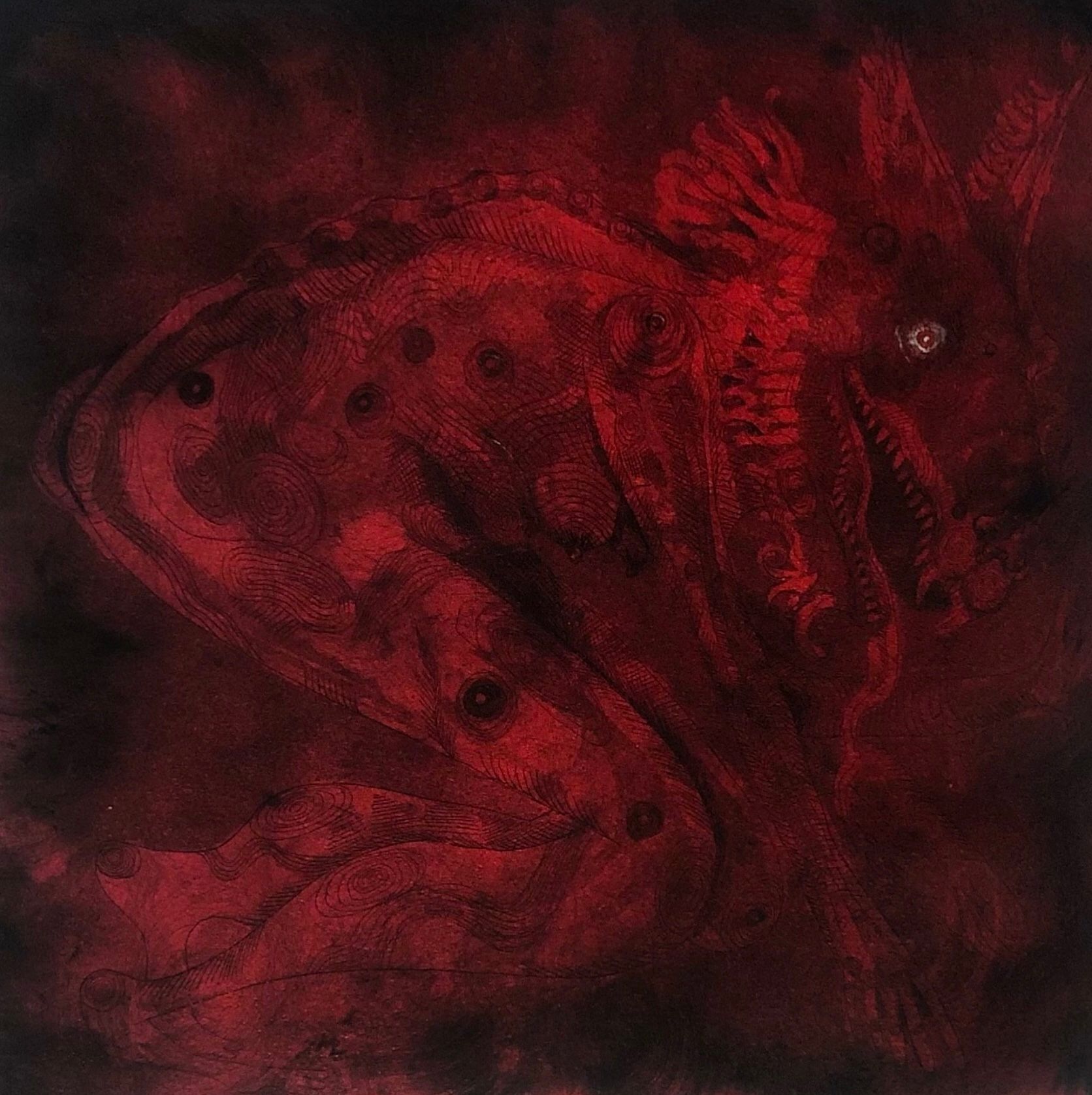 A red etching of a nude figure with a wolf head crouching