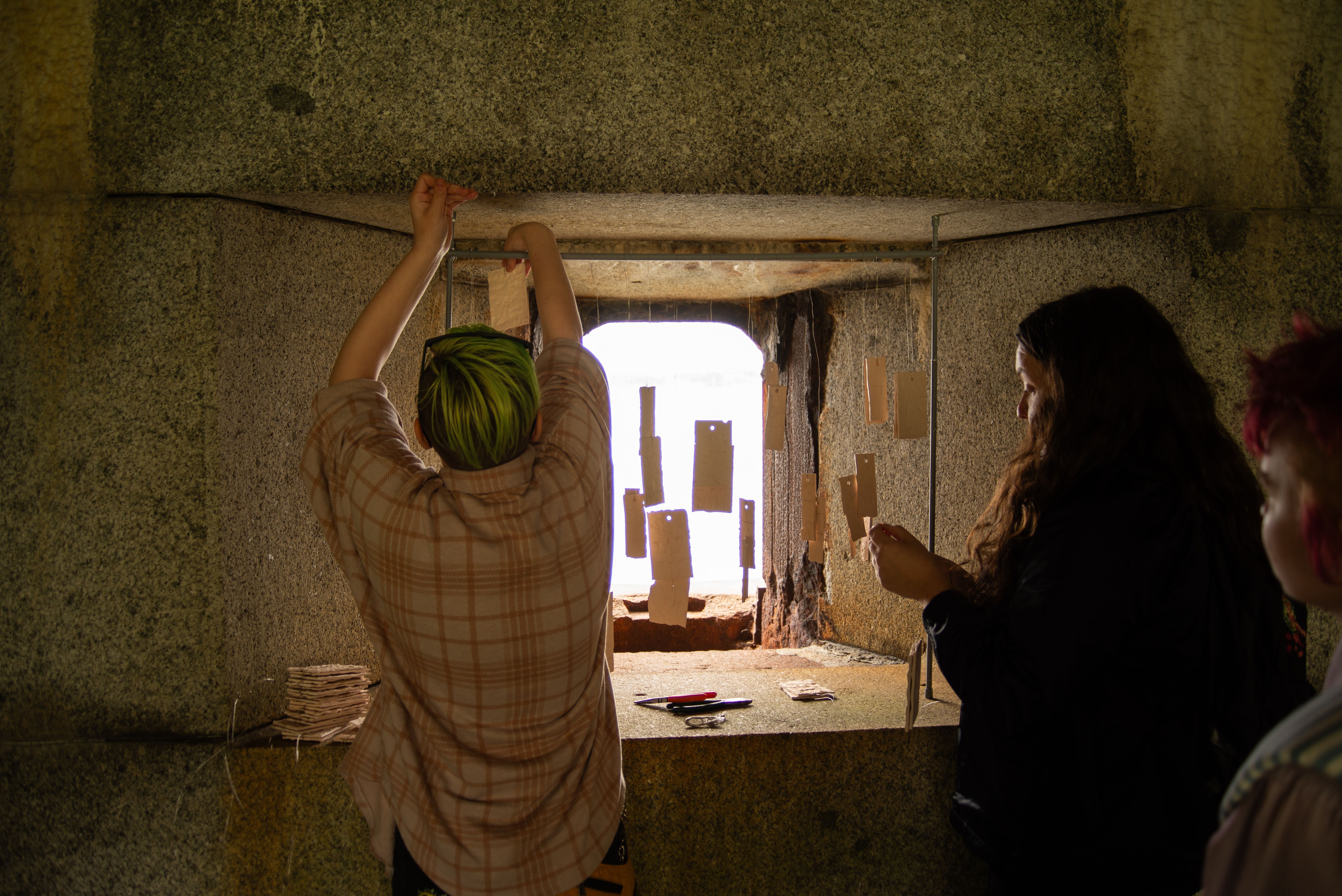 Students installing work in Fort Gorges.