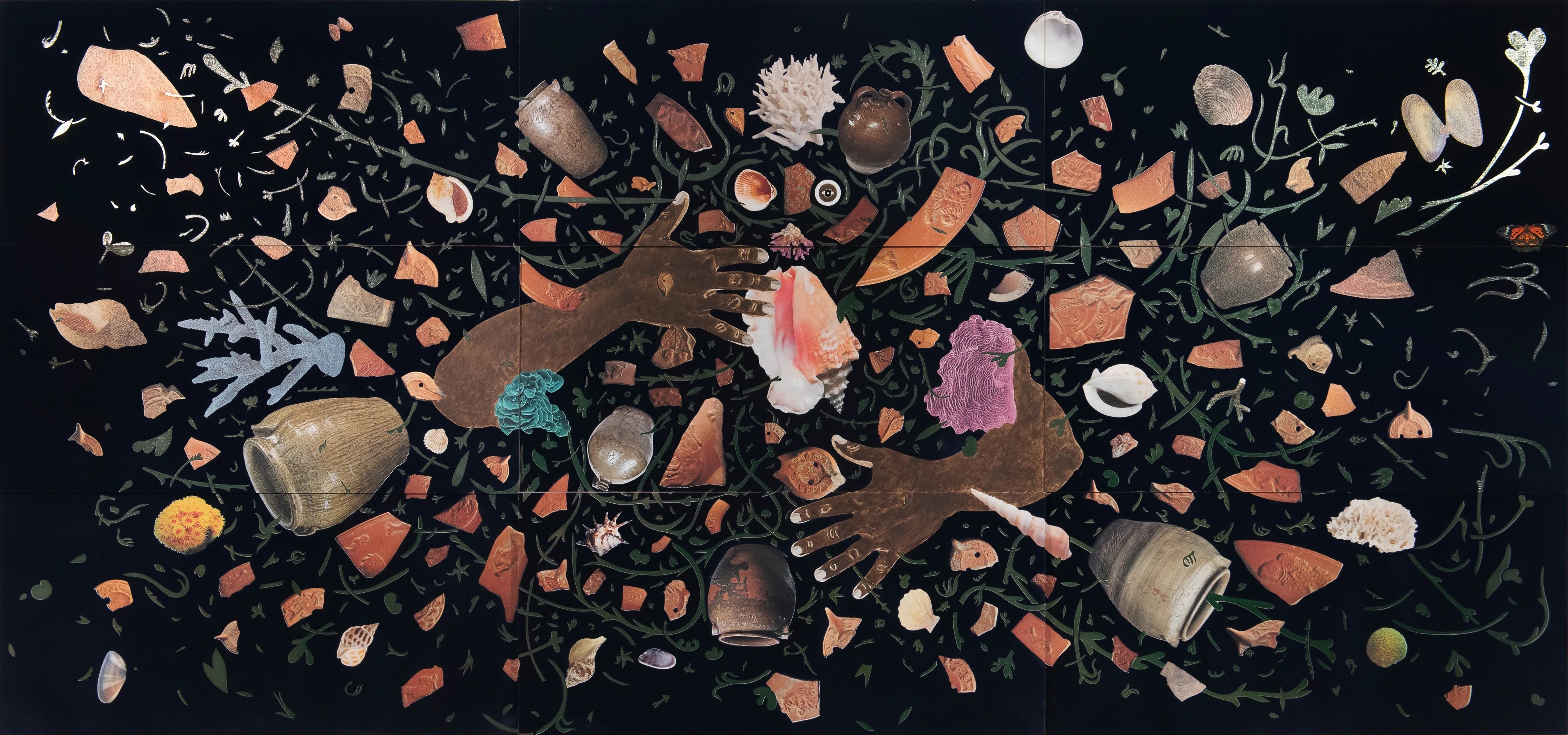 Collage style painting by William Willalongo.