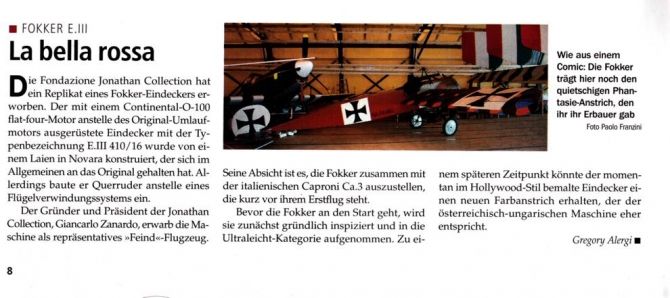Fondazione Jonathan Collection - Aerei Storici Famosi  - FOKKER EIII LA BELLA ROSSA