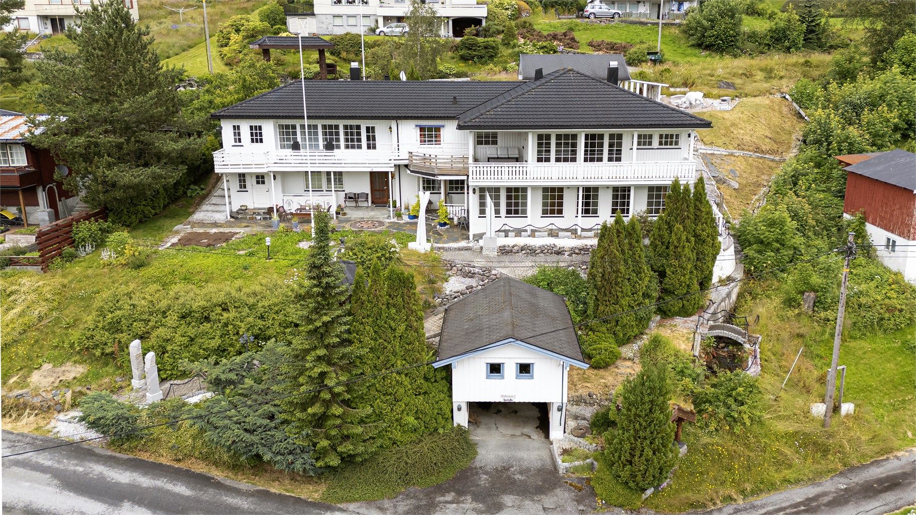 Dronebilde av eiendommen tatt fra syd