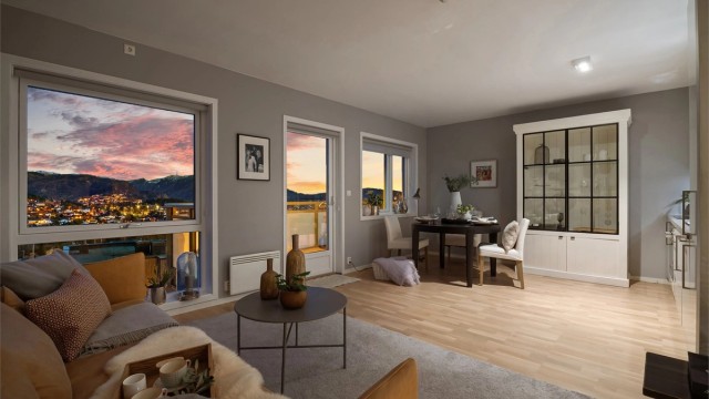 Leiligheten fremstår som meget innbydende med moderne fargevalg og fine løsninger. Balansert ventilasjon sørger for et godt inneklima. (Foto ved Stian Inderhaug)