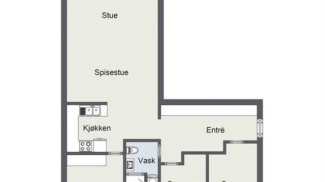 Illustrasjon av alternativ planløsning med oppdeling av et soverom til to soverom. Det vites ikke om en evt. oppdeling vil tilfredsstille dagens byggtekniske krav til soverom.
