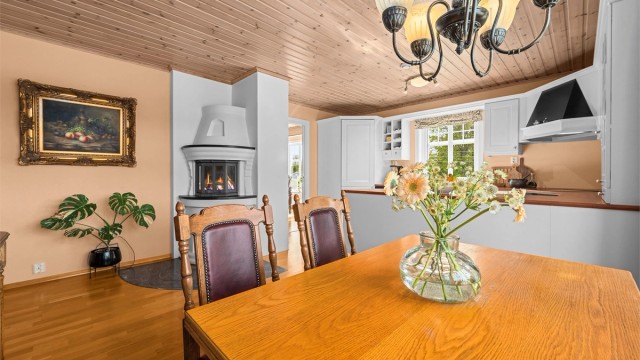 Kjøkkenet har peis med glassfronter.