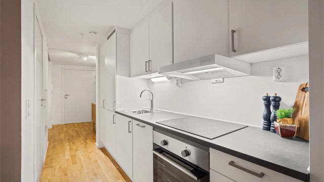 Integrert stekeovn og keramisk platetopp gir et ryddig uttrykk.