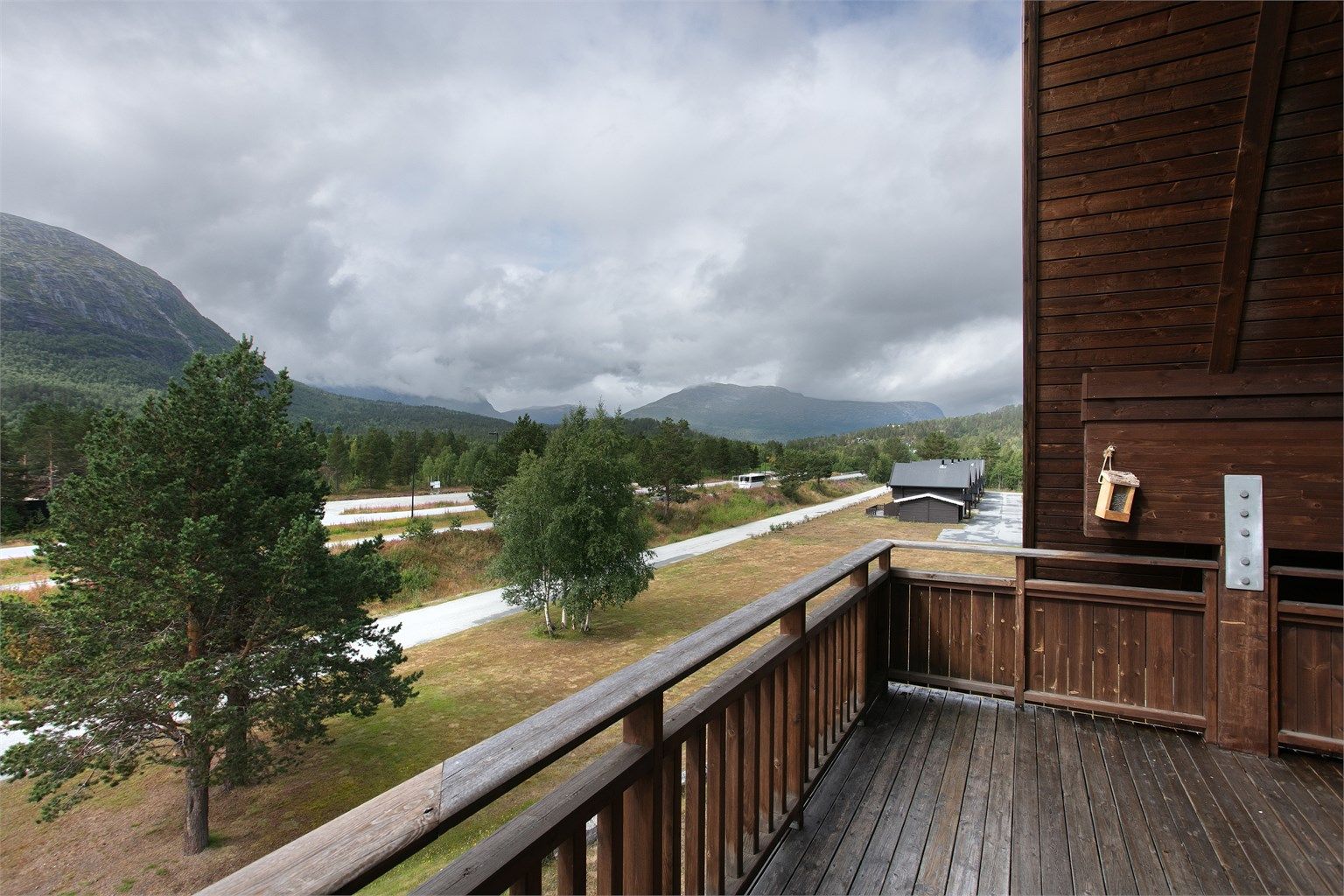 Utsyn fra balkongen over nærområdet og furuskogen på Bjorli.