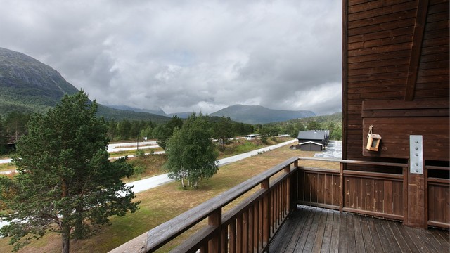 Utsyn fra balkongen over nærområdet og furuskogen på Bjorli.