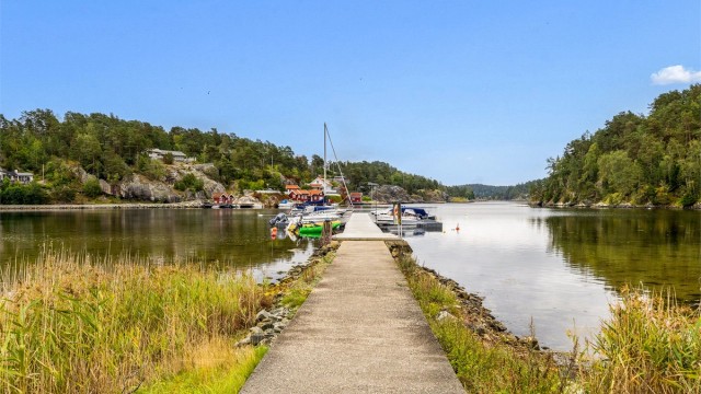 Felles bryggeanlegg med båtplass. Badestige ytterst på brygga.