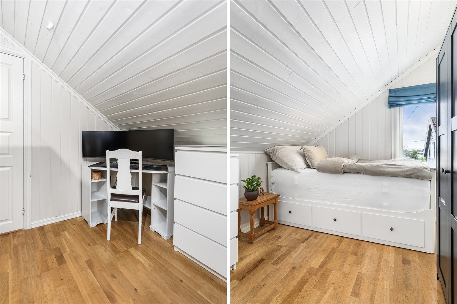 Dette og tilstøtende rom sør i loftsetasjen var opprinnelig ett stort soverom, men er i senere år adskilt med lettvegg.
