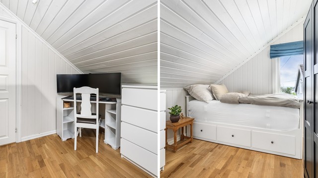 Dette og tilstøtende rom sør i loftsetasjen var opprinnelig ett stort soverom, men er i senere år adskilt med lettvegg.