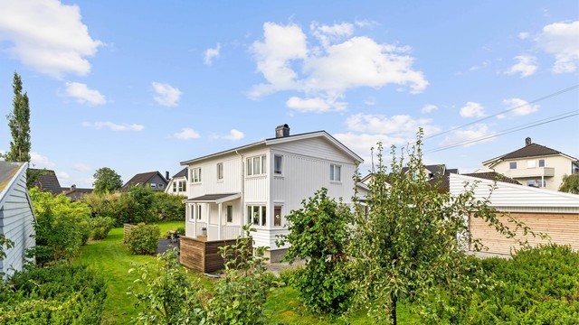 Frodig hage med frukttrær, bærbusker og stor gressplen.